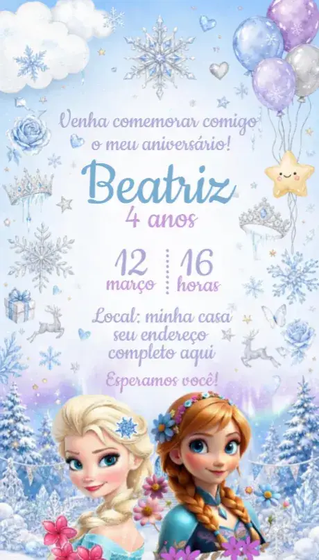Convite Convite Frozen – tema Aniversário azul gelado, neve, mágico, divertido, colorido, temático