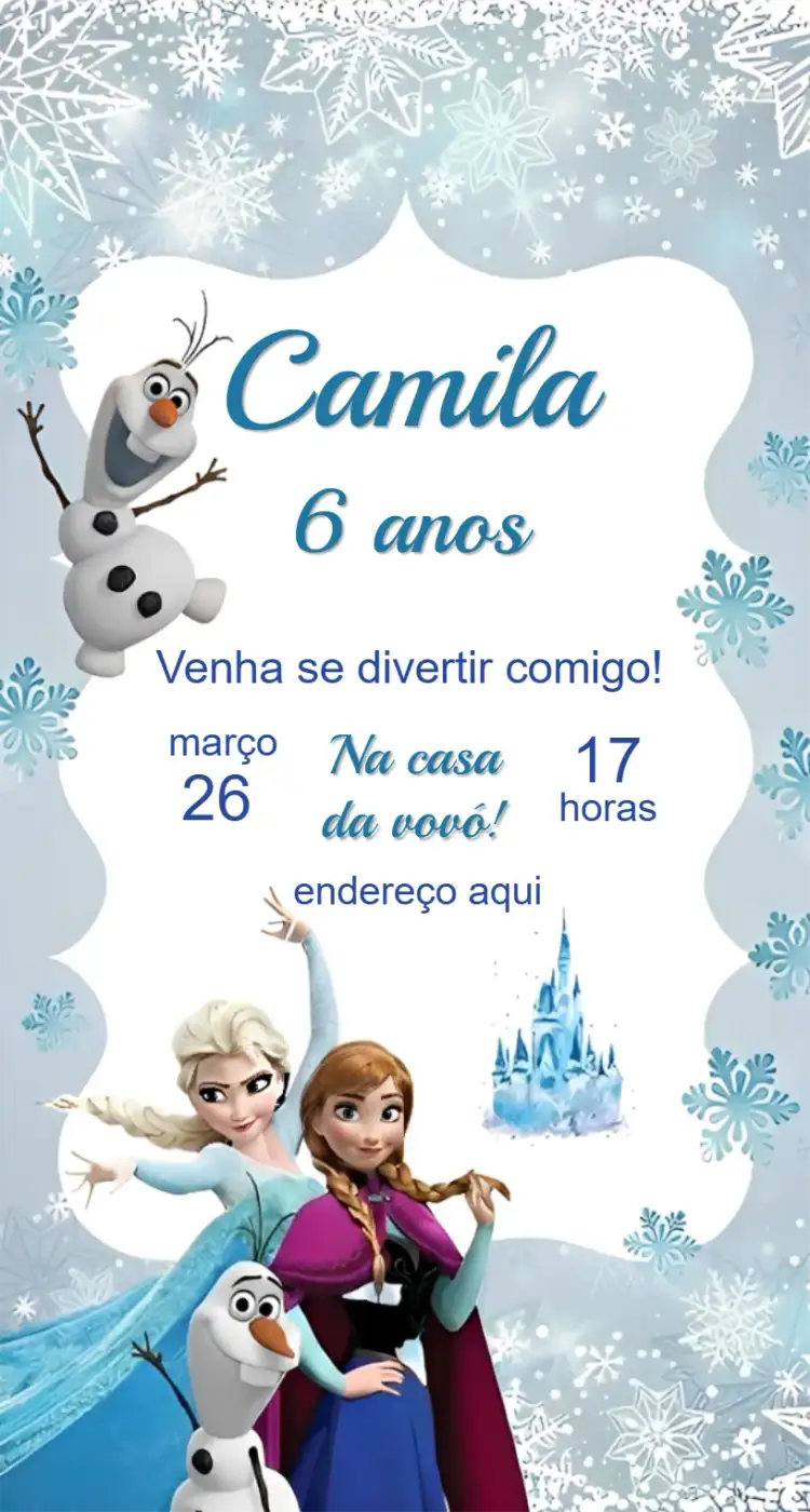 Convite Convite Frozen Digital – tema Aniversário azul gelado, neve mágica, personagens de filme, ilustrações coloridas, tema invernal