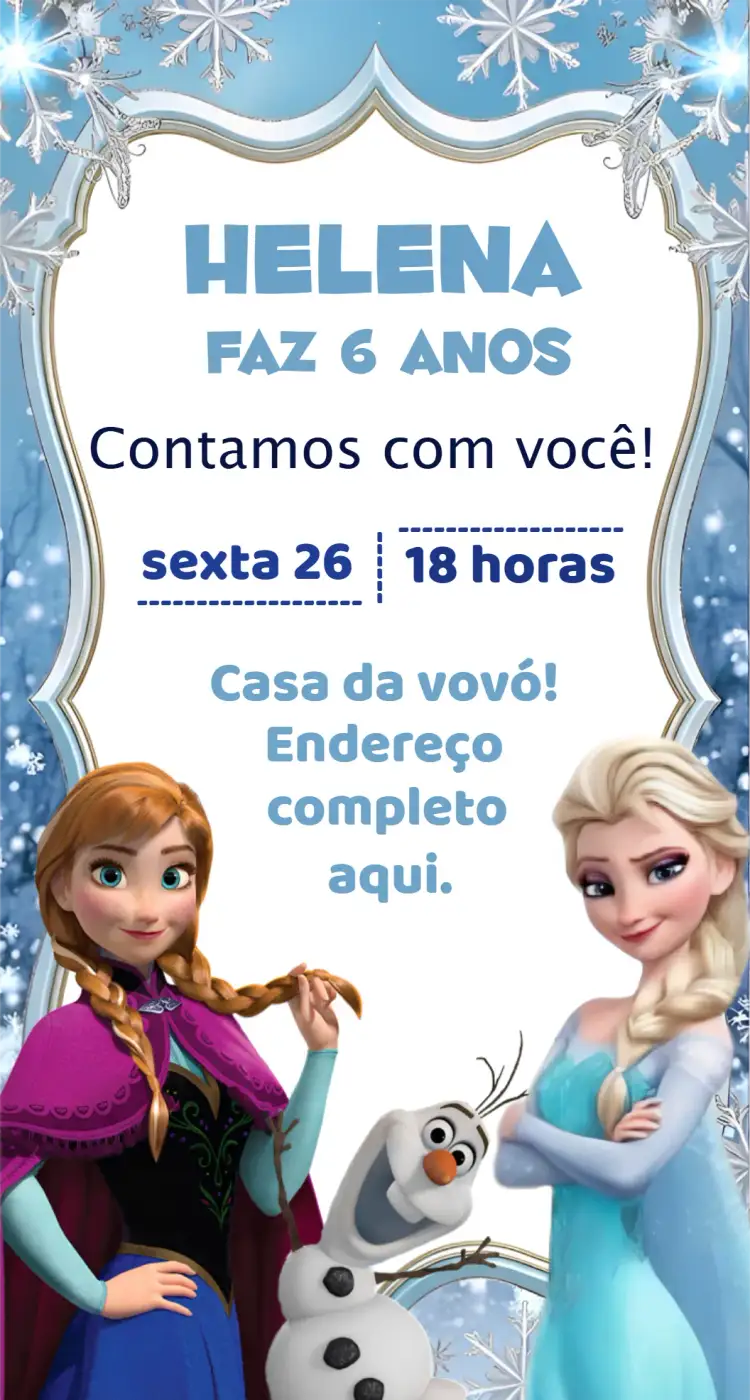 Convite Convite Frozen Digital – tema Aniversário temática Frozen, cores frias, elementos de neve, estilo lúdico, design colorido