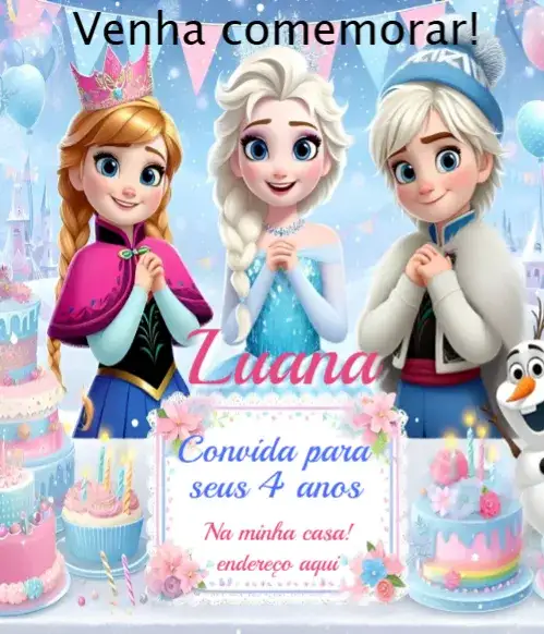 Convite Convite Frozen Digital – tema Aniversário neve, azul claro, branco, glitter, vibrante, mágico