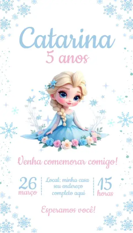Convite Convite Frozen Elsa – tema Aniversário azul gelo, neve, princesa, temática infantil, ilustrações encantadoras, brilho