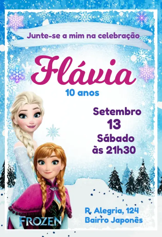 Invitation Convite Frozen – Aniversário Infantil theme azul e branco, neve, mágico, infantil, divertido, temático