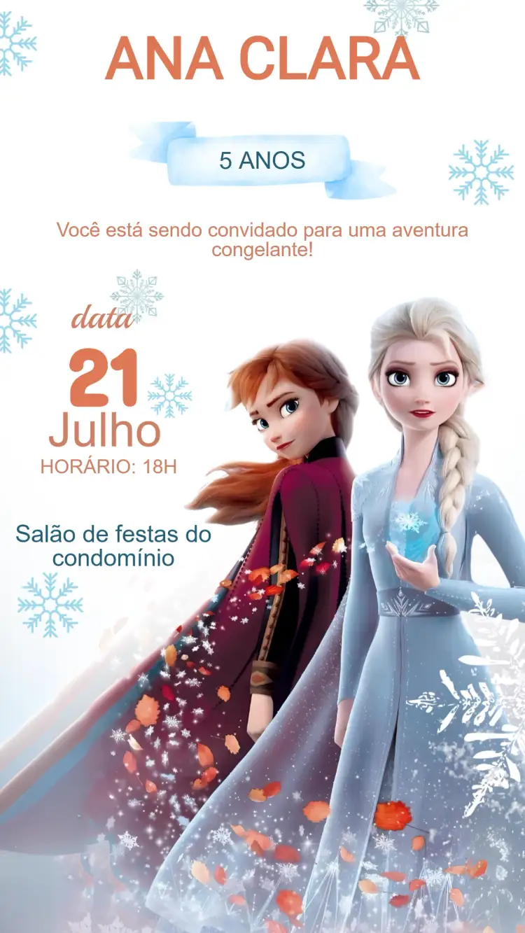 Convite Convite Frozen Festa Infantil- Editável e Personalizado – tema Aniversário Infantil azul gelado, branco neve, elementos de gelo, ilustrações de princesas, estilo lúdico