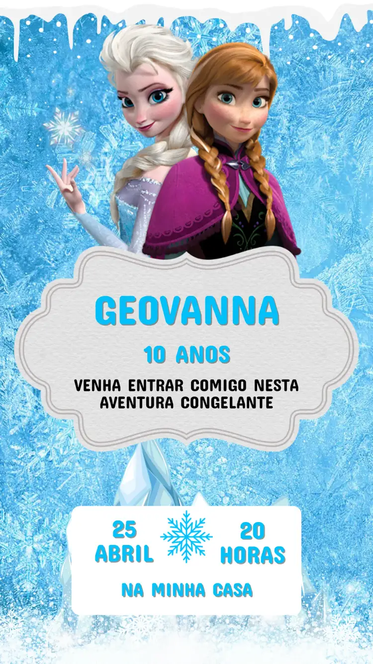 Convite Convite Frozen Infantil Editável - Festa da Elsa e Anna – tema Aniversário Infantil azul claro, branco gelado, estilo mágico, elementos de neve, ilustrações infantis, detalhes em glitter
