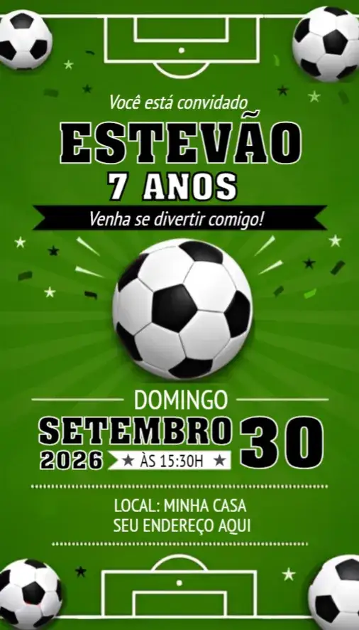 Convite Convite Futebol – tema Aniversário verde vibrante, elementos gráficos de futebol, estilo moderno, design dinâmico, estética esportiva, temática infantil
