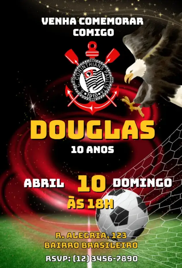 Invitación Convite Futebol Corinthians – tema Aniversário Infantil futebol, preto e branco, moderno, esportivo, vibrante, infantil