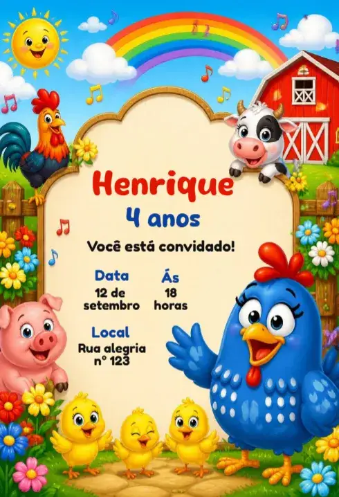 Convite Convite Galinha Pintadinha – tema Aniversário Infantil cores vibrantes, estilo lúdico, elementos gráficos infantis, divertido, colorido