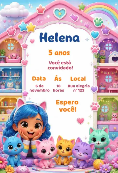 Convite Convite Gatinhos Fofos – tema Aniversário Infantil cores suaves, ilustrações de gatinhos, design lúdico, estilo divertido, elementos gráficos infantis