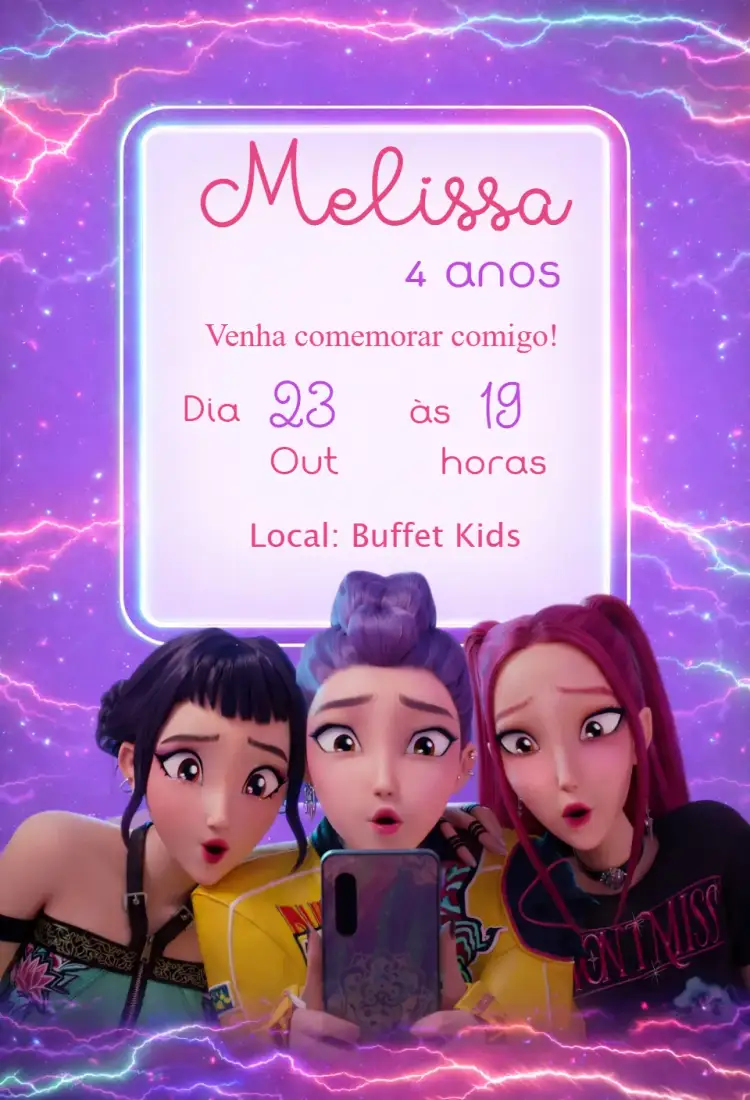 Convite Convite Guerreiras do K Pop – tema Aniversário Infantil colorido, moderno, divertido, jovial, temático