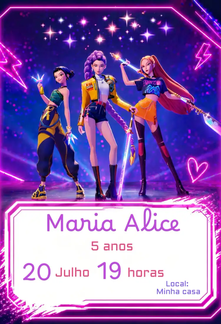 Invitación Invitación Guerreras del K Pop – tema Cumpleaños Infantil colorido, moderno, musical, temático, divertido, jovem