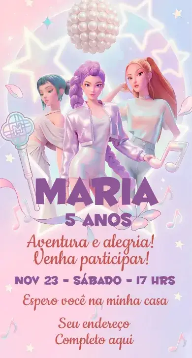 Invitación Convite Guerreiras do K-Pop Digital – tema Aniversário cores vibrantes, estilo moderno, elementos gráficos de K-pop, inspirado em anime, atmosfera festiva