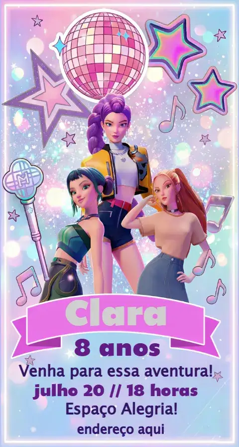 Invitación Convite Guerreiras Do K-Pop Digital – tema Aniversário vibrante, moderno, temático, colorido, pop, anime