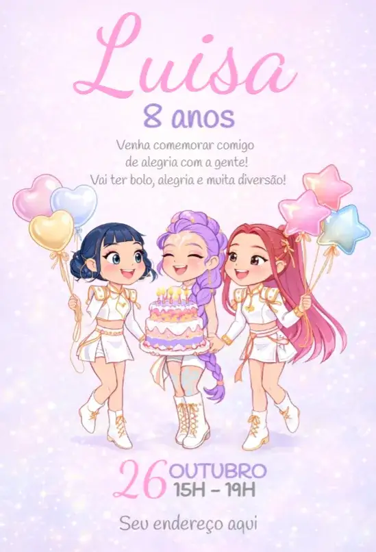 Convite Convite Guerreiras do Kpop – tema Aniversário vibrante, moderno, colorido, jovem, inspirado no Kpop, divertido