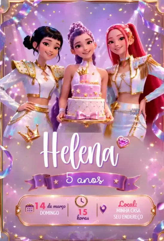 Convite Convite Guerreiras do Kpop – tema Aniversário cores vibrantes, elementos gráficos do Kpop, estilo moderno, tendências pop, ilustrações de artistas, design jovem