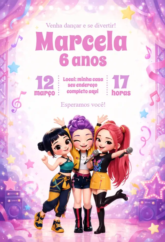 Invitation Convite Guerreiras do Kpop – Aniversário theme colorido, moderno, pop, jovem, dinâmico