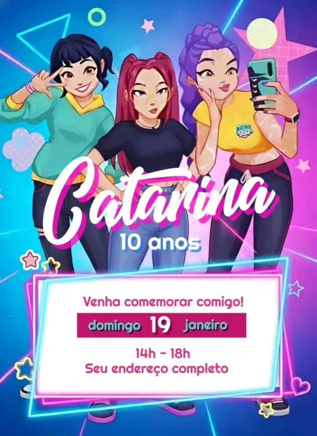 Convite Convite Guerreiras do Kpop Colorido – tema Aniversário K-pop, Anime, Neon