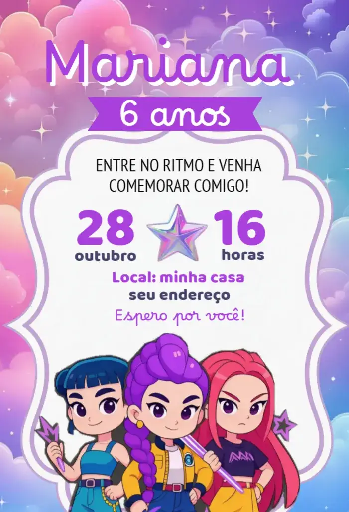 Invitación Invitación Guerreras del Kpop Huntrix – tema Cumpleaños colores vibrantes, estilo pop, elementos gráficos modernos, inspiración Kpop, diseño juvenil, estética colorida