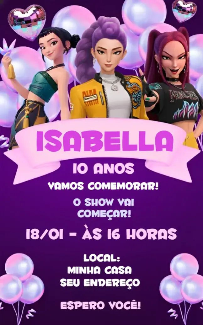 Convite Convite Guerreiras do Kpop Roxo – tema Aniversário roxo, Kpop, jovial, artístico, vibrante, divertido