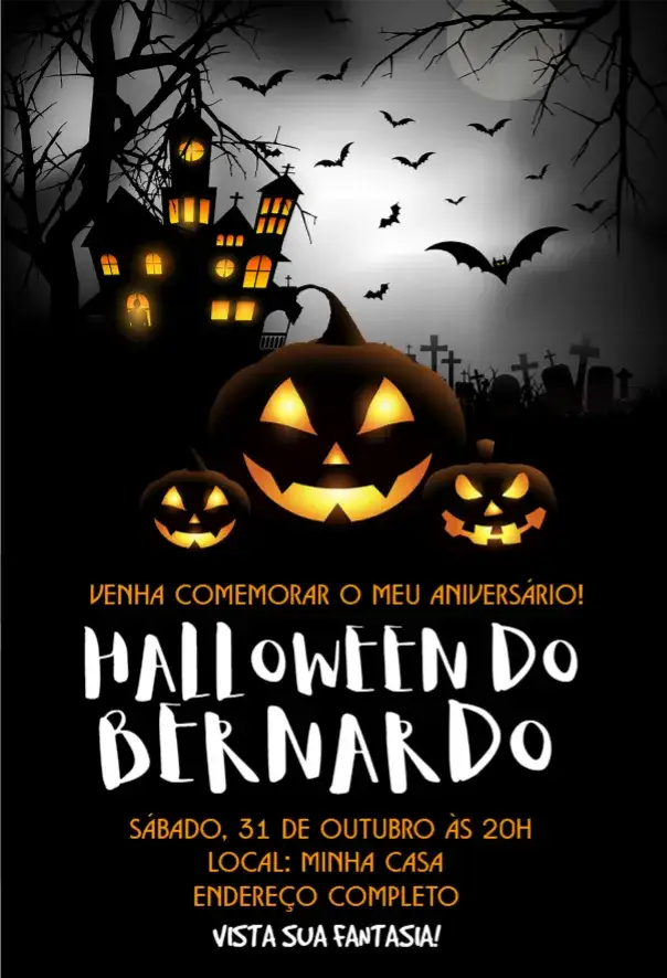 Convite Convite Halloween – tema Aniversário preto e laranja, fantasia, bruxas, abóboras, elementos góticos, sombras e mistério