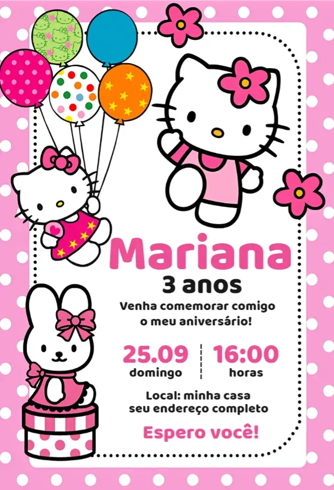 Invitation Convite Hello Kitty – Aniversário theme rosa, divertido, lúdico, temático, colorido, infantil