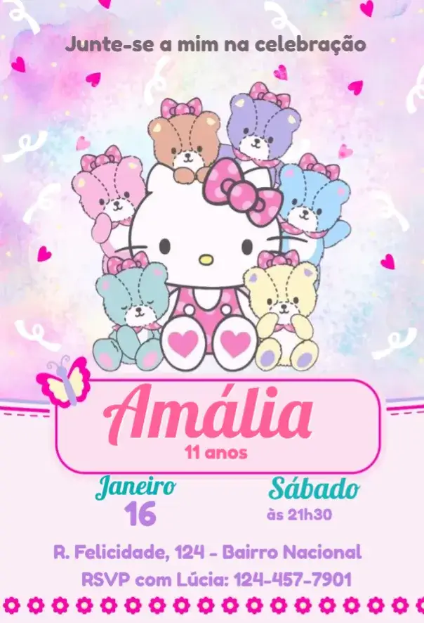 Convite Convite Hello Kitty – tema Aniversário Infantil rosa, fofo, infantil, colorido, cute, lúdico