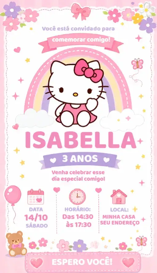 Convite Convite Hello Kitty – tema Aniversário colorido, divertido, infantil, kawaii, temático, alegre