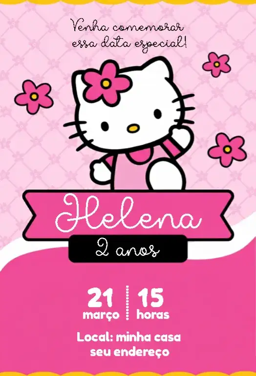 Convite Convite Hello Kitty 5 – tema Aniversário Infantil rosa, preto, temático, infantil, divertido, colorido