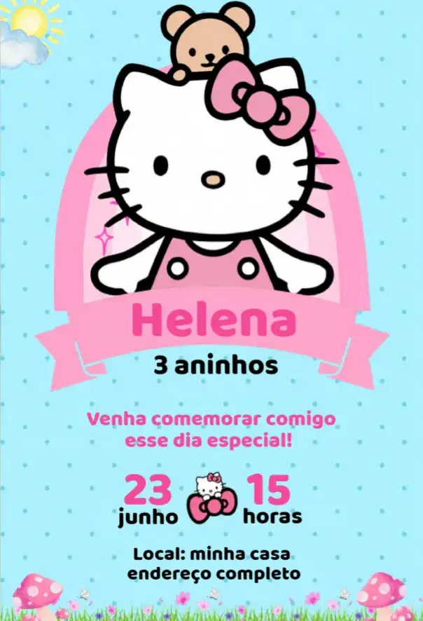 Invitation Convite Hello Kitty – Aniversário theme cores suaves, estilo lúdico, elementos gráficos de personagens, design vibrante, tema de festa infantil, ilustrações coloridas