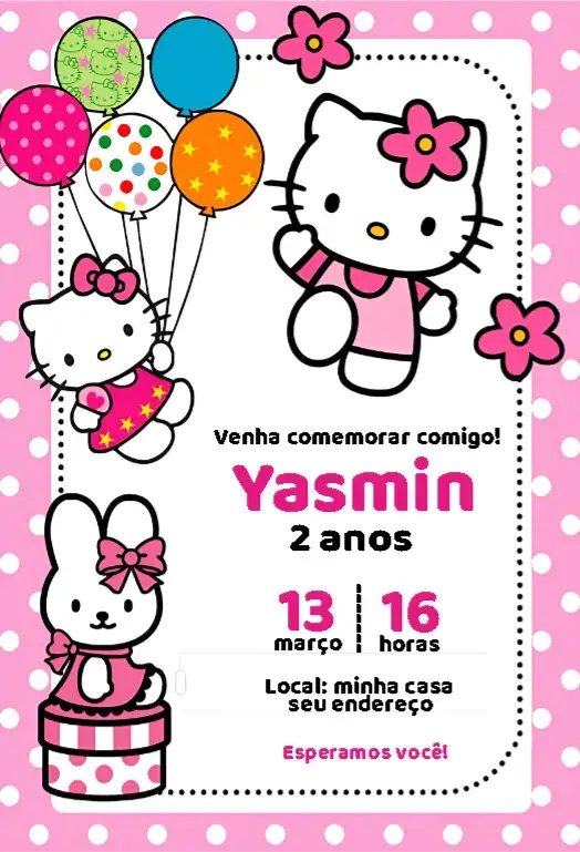 Convite Convite Hello Kitty Balões – tema Cartão rosa, branco, colorido, divertido, infantil, temático