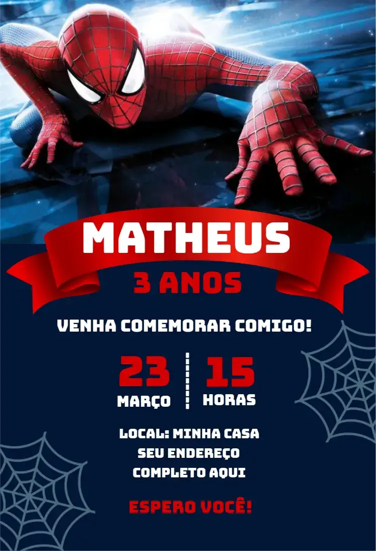 Convite Convite Homem Aranha – tema Aniversário cores vibrantes, estilo quadrinhos, elementos gráficos de super-herói, design divertido, temática Marvel