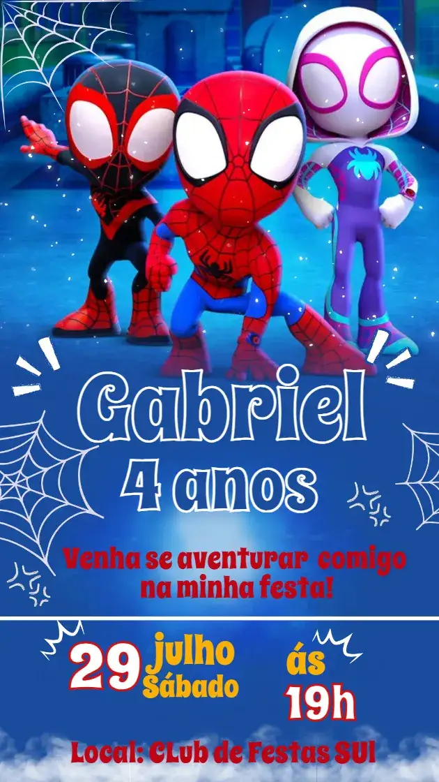 Convite Convite Homem Aranha – tema Aniversário Infantil cores vibrantes, estilo divertido, elementos gráficos do super-herói, design moderno, temática de ação, ilustrações infantis