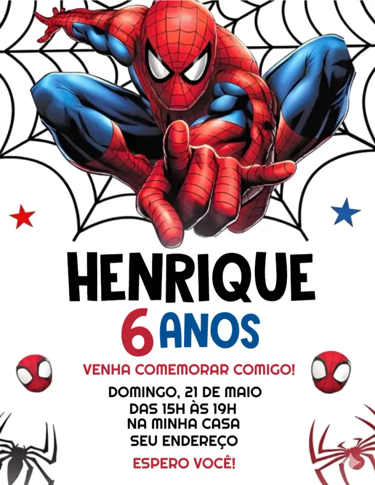 Convite Convite Homem Aranha – tema Aniversário colorido, super-heróis, moderno, divertido, infantil, animado