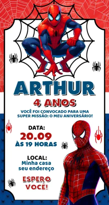 Convite Convite Homem Aranha – tema Aniversário cores vibrantes, estilo pop art, elementos gráficos de super-heróis, fundo urbano, design divertido, ilustrações coloridas