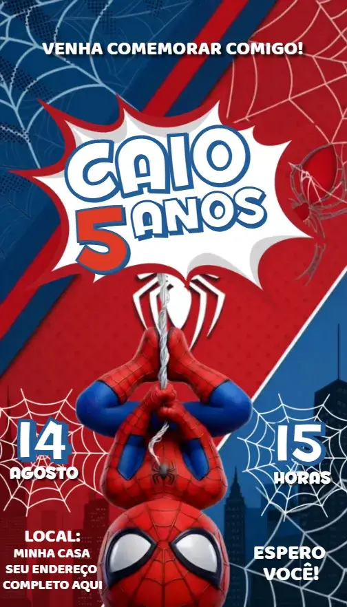 Convite Convite Homem Aranha – tema Aniversário temática de super-heróis, cores vibrantes, ilustrações do Homem Aranha, design divertido, estilo moderno, elementos gráficos dinâmicos