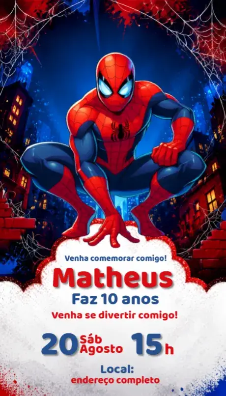 Convite Convite Homem Aranha – tema Aniversário cores vibrantes, estilo quadrinhos, elementos gráficos do super-herói, design divertido, temática de aventura