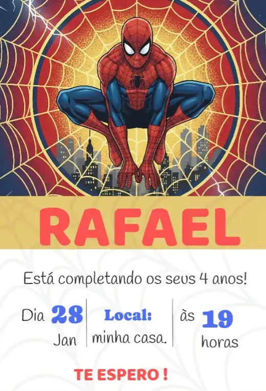 Convite Convite Homem-aranha – tema Aniversário Infantil cores vibrantes, estilo moderno, elementos gráficos de super-heróis, design lúdico, temática de ação, inspiração em quadrinhos