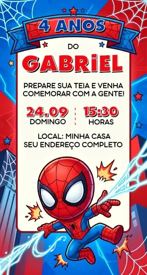 Convite Convite Homem Aranha – tema Aniversário cores vibrantes, estilo urbano, elementos de quadrinhos, temática de aventura, design divertido, inspirado em super-heróis