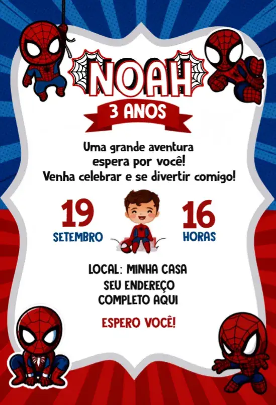 Convite Convite Homem Aranha Baby – tema Aniversário colorido, divertido, moderno, temático, infantil