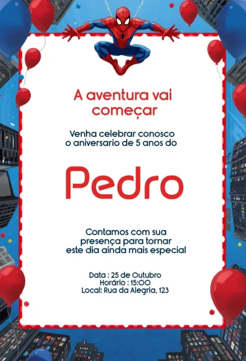 Convite Convite Homem-Aranha com Balões Editável para Aniversário Infantil – tema Aniversário Infantil colorido, temático, divertido, moderno, infantil, super-heróis