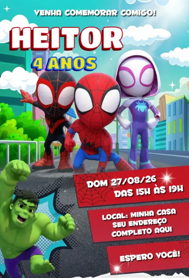 Convite Convite Homem Aranha E Seus Amigos – tema Aniversário colorido, divertido, moderno, ilustrações de super-heróis, dinâmico