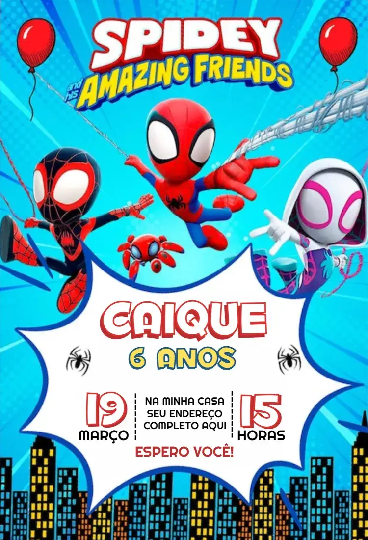 Convite Convite Homem Aranha e Seus Amigos Espetaculares – tema Aniversário cores vibrantes, estilo divertido, elementos gráficos de super-heróis, fundo urbano, design moderno
