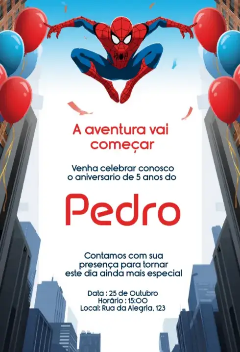 Invitación Convite Homem-Aranha Editável para Aniversário Infantil Digital – tema Aniversário Infantil cores vibrantes, estilo pop art, elementos gráficos de super-heróis, design moderno, temática Marvel, estilo divertido