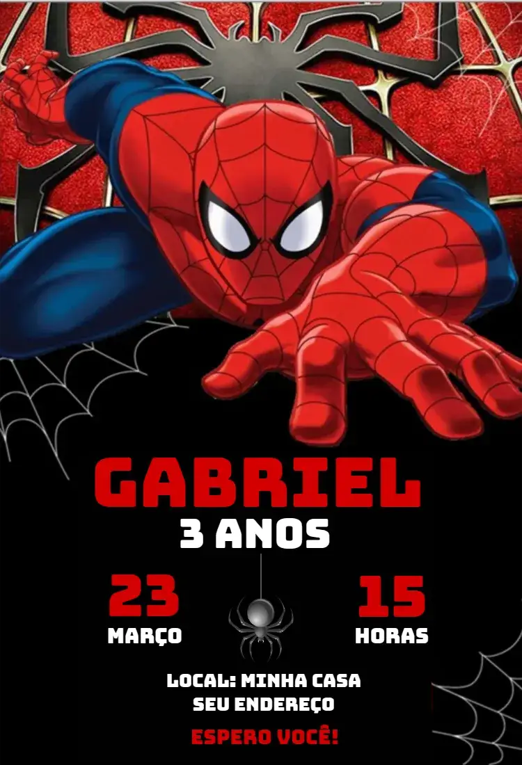 Convite Convite Homem Aranha Para Editar – tema Aniversário colorido, moderno, temático, heróis, divertido, infantil