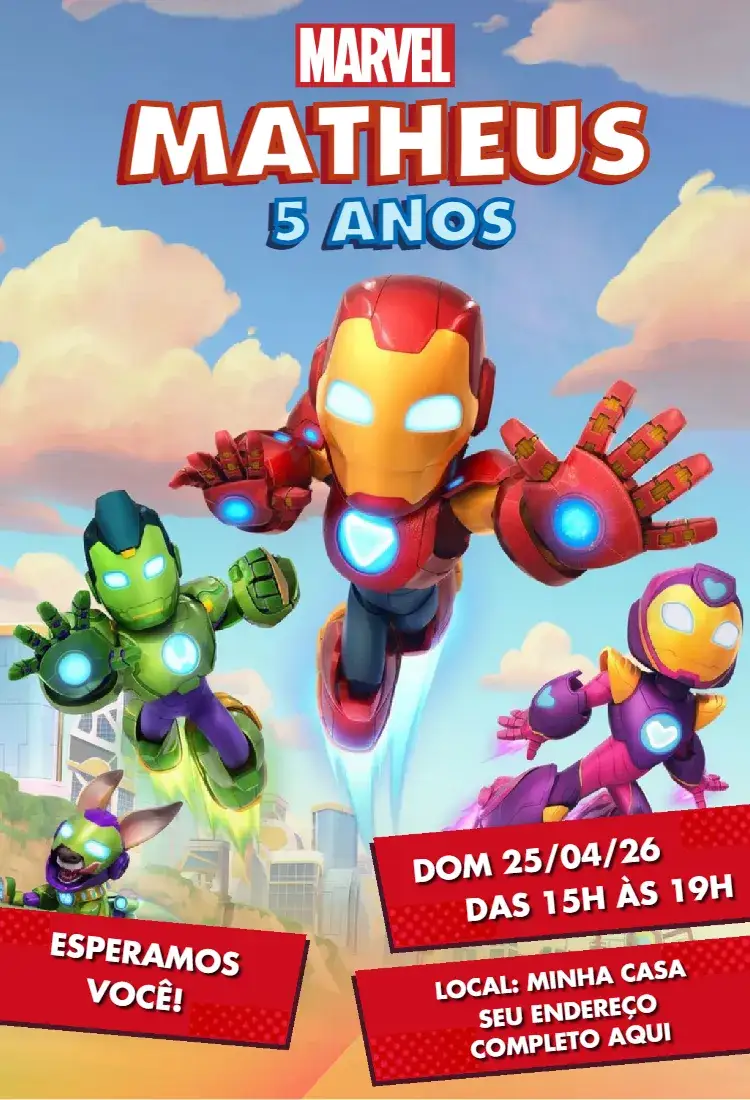 Convite Convite Homem De Ferro E Seus Amigos Espetaculares – tema Aniversário super-heróis, colorido, moderno, divertido, dinâmico