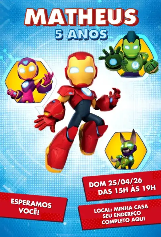 Convite Convite Homem de Ferro e Seus Amigos Incríveis – tema Aniversário cores vibrantes, estilo moderno, elementos de super-heróis, design divertido, ilustrações coloridas, estilo dinâmico