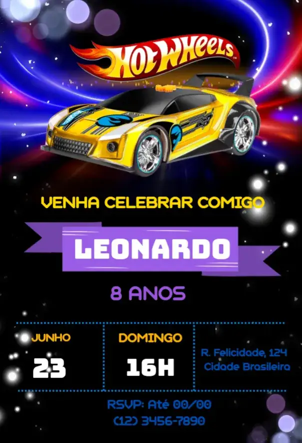 Invitation Hot Wheels Invitation – Kids' Birthday Party theme vibrant colors, racing elements, fun style, car graphics, dynamic background