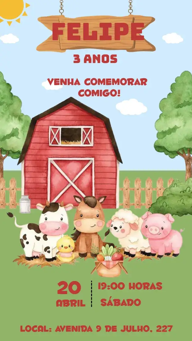 Invitación Convite inafntil Fazendinha menino – tema Cartão colorido, campestre, divertido, ilustrações de animais, verão, festa ao ar livre