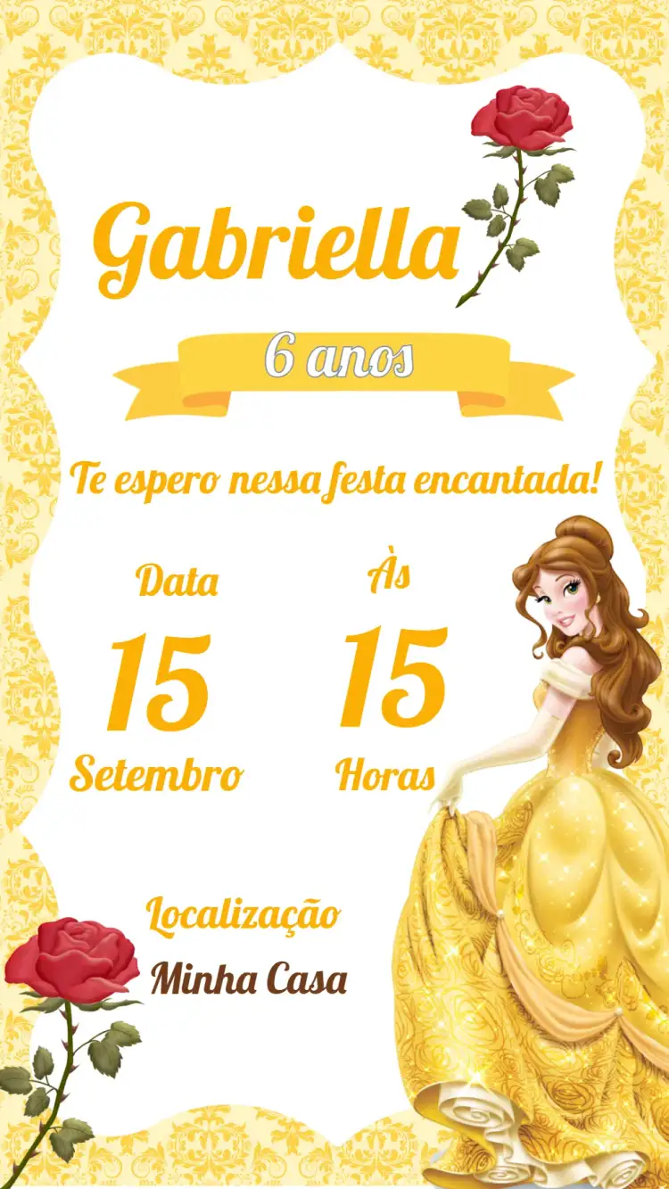 Convite Convite Infantil Bela e a fera – tema Aniversário cores suaves, estilo conto de fadas, ilustrações encantadoras, detalhes florais, cenas de magia, toques românticos