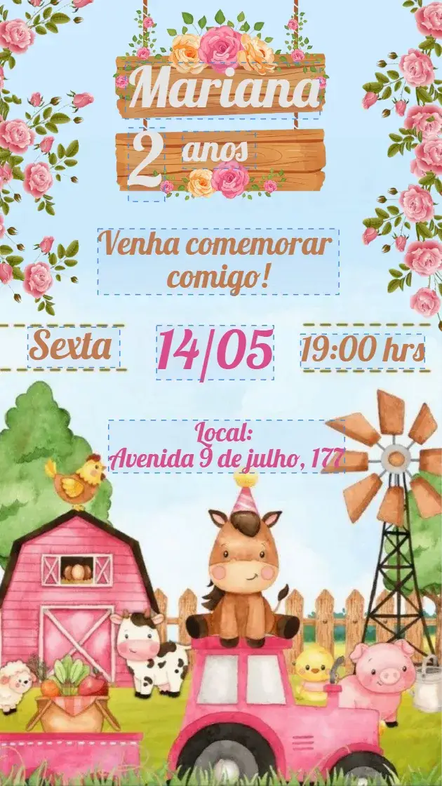 Invitación Convite infantil Fazendinha – tema Cartão colorido, rústico, animais da fazenda, campo, natural, divertido