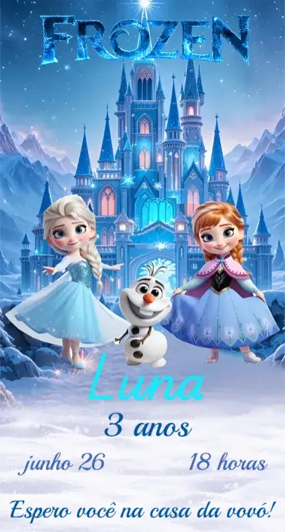 Convite Convite Infantil Frozen Digital – tema Aniversário azul claro, branco, elementos de gelo, ilustrações de personagens, estilo lúdico, detalhes florais